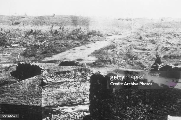 View of ruins of a stone bridge at Bull Run in Virginia, circa March 1862.