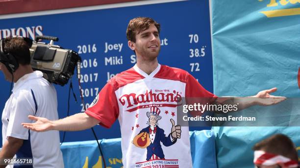 Carmen Cincotti competes in the Nathan's Hot Dog Eating Contest on July 4, 2018 in the Coney Island neighborhood of the Brooklyn borough of New York...