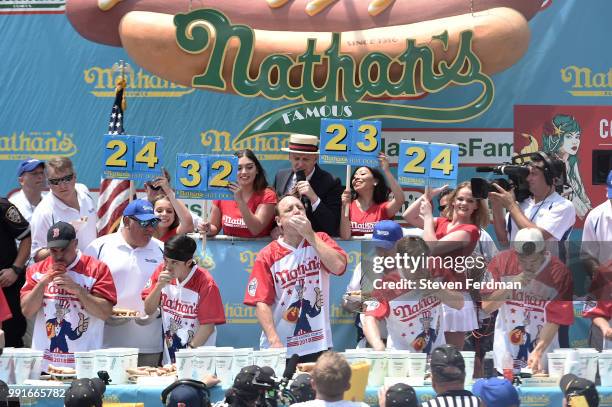 Matt Stonie, Joey Chestnut, and Carmen Cincotti compete in the Nathan's Hot Dog Eating Contest on July 4, 2018 in the Coney Island neighborhood of...