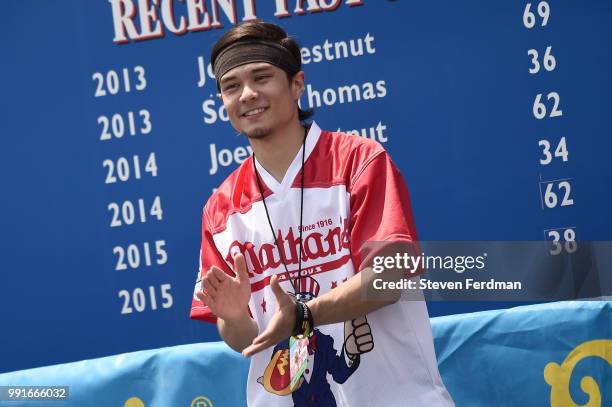 Matt Stonie competes in the Nathan's Hot Dog Eating Contest on July 4, 2018 in the Coney Island neighborhood of the Brooklyn borough of New York City.