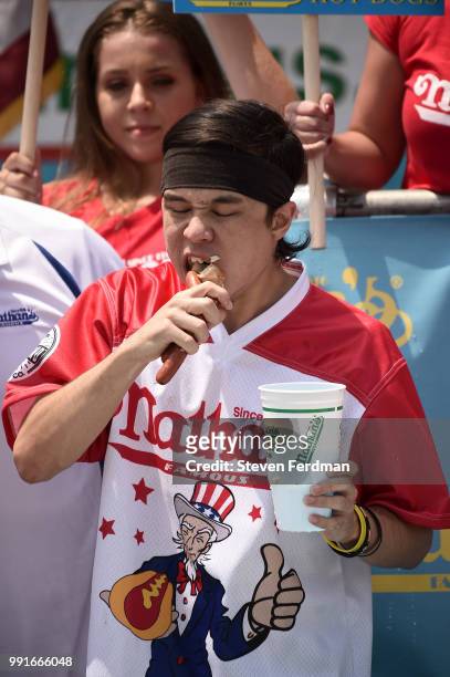 Matt Stonie competes in the Nathan's Hot Dog Eating Contest on July 4, 2018 in the Coney Island neighborhood of the Brooklyn borough of New York City.