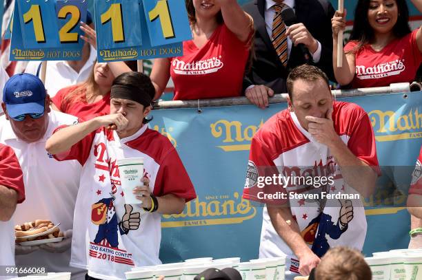 Matt Stonie competes in the Nathan's Hot Dog Eating Contest on July 4, 2018 in the Coney Island neighborhood of the Brooklyn borough of New York City.