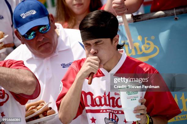 Matt Stonie competes in the Nathan's Hot Dog Eating Contest on July 4, 2018 in the Coney Island neighborhood of the Brooklyn borough of New York City.