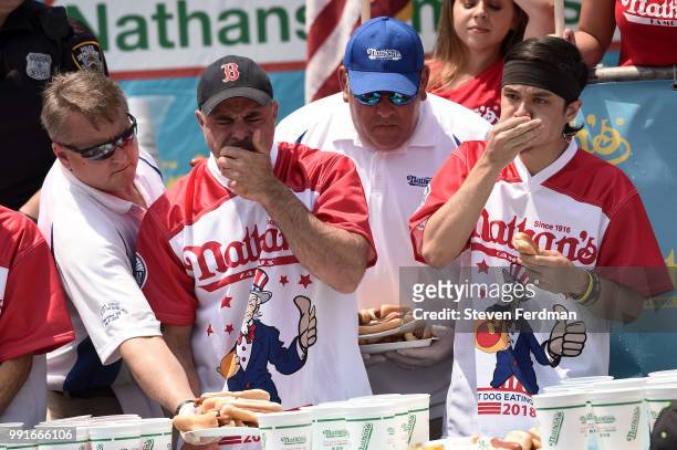 Matt Stonie competes in the Nathan's Hot Dog Eating Contest on July 4, 2018 in the Coney Island neighborhood of the Brooklyn borough of New York City.
