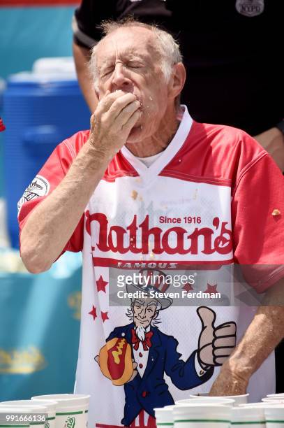 Rich LeFevre competes in the Nathan's Hot Dog Eating Contest on July 4, 2018 in the Coney Island neighborhood of the Brooklyn borough of New York...