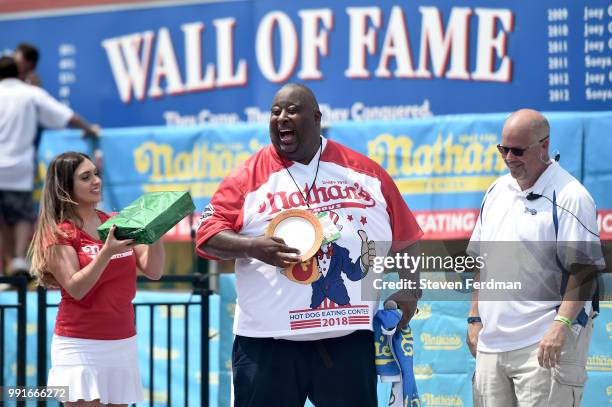 Badlands Booker attends Nathan's Hot Dog Eating Contest on July 4, 2018 in the Coney Island neighborhood of the Brooklyn borough of New York City.