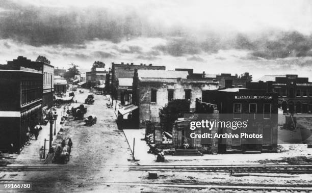 View of Peachtree Street with wagon traffic in Atlanta, Georgia circa 1864.