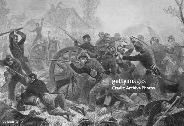 An engraving of the recapturing of artillery by a portion of General Rosseau's command at the battle of Shiloh, Tennessee on 6 April 1862.