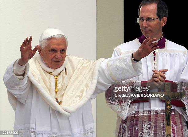 Pope Benedict XVI celebrates a mass at the Fatima's Sanctuary in Fatima on May 13, 2010. Pope Benedict XVI began a giant outdoor mass in the...