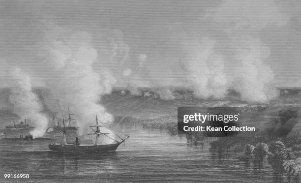 An engraving of US gunboats on the James River covering the retreat during the Battle of Malvern Hill, Virginia, during the US civil war, on 1 July...