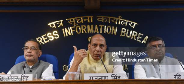 Union Home Minister Rajnath Singh with Union Minister for IT and Law and Justice Ravi Shankar Prasad and Agriculture Minister Radha Mohan Singh...