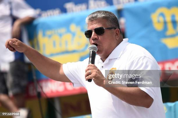 Brooklyn District Attorney Eric Gonzalez attends Nathan's Hot Dog Eating Contest on July 4, 2018 in the Coney Island neighborhood of the Brooklyn...