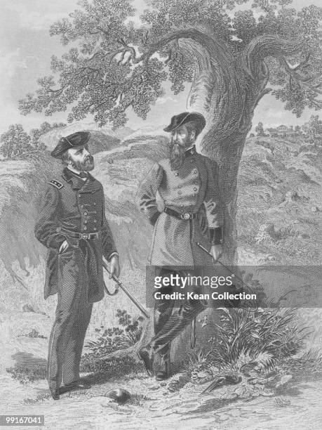 An engraving of General Ulysses Simpson Grant and John Clifford Pemberton during the US civil war, circa 1862. 'Interview between Grant and Pemberton'