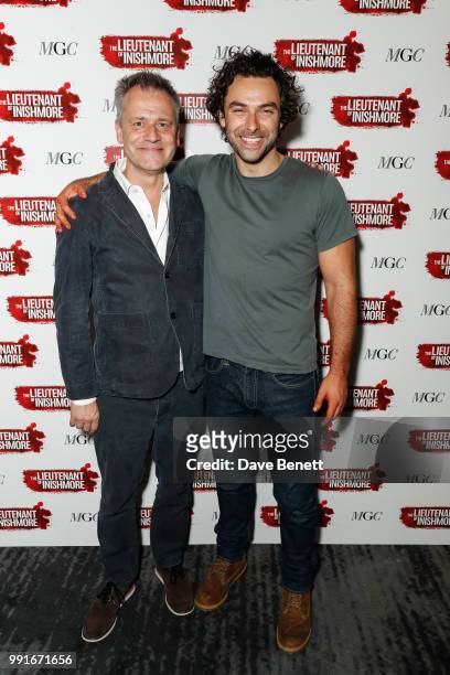 Michael Grandage and Aiden Turner attend the press night after party for "The Lieutenant of Inishmore" at The National Cafe on July 4, 2018 in...