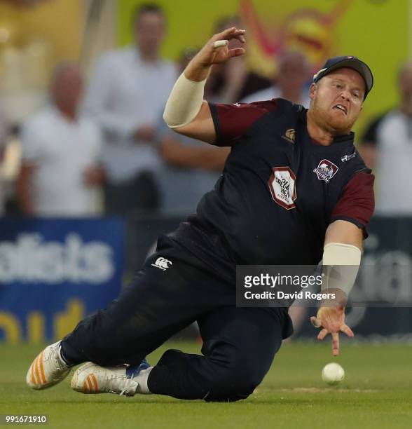 Richard Levi of Northamptonshire drops a catch during the Vitality Blast match between Northamptonshire Steelbacks and Leicestershire Foxes at The...