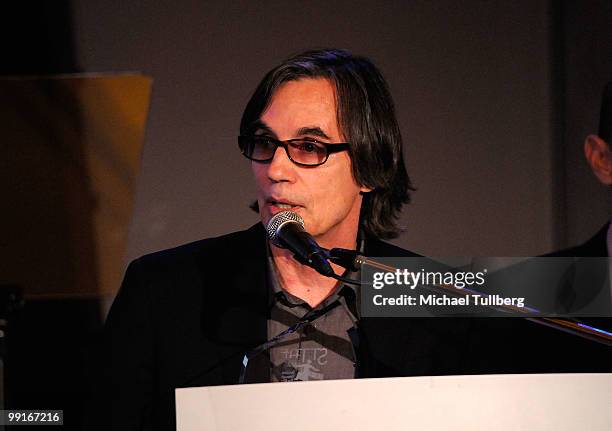 Musician Jackson Browne speaks at the Second Annual "Dream, Believe, Achieve" Gala to benefit ICEF Public Schools, held at the Skirball Cultural...