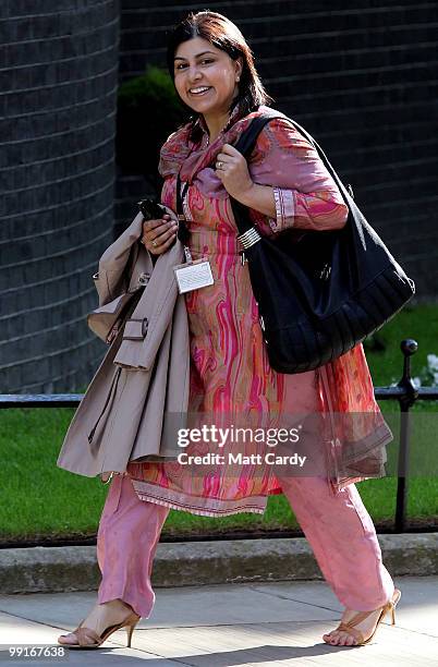 Conservative Party Chairman, Baroness Warsi, arrives at 10 Downing Street for the first Cabinet meeting of the new coalition government on May 13,...