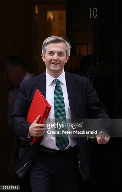 Energy and Climate Change Secretary Chris Huhne leaves Number 10 Downing Street after attending his first full Cabinet meeting on May 13, 2010 in...