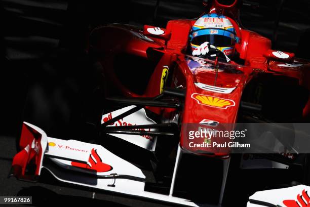Fernando Alonso of Spain and Ferrari drives during practice for the Monaco Formula One Grand Prix at the Monte Carlo Circuit on May 13, 2010 in Monte...