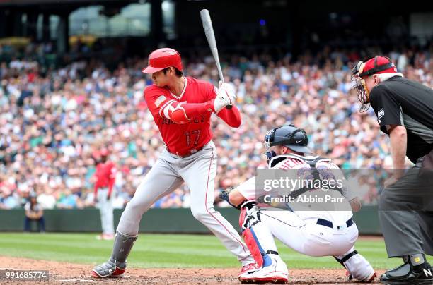 Shohei Ohtani of the Los Angeles Angels of Anaheim bats in the fourth inning against the Seattle Mariners at Safeco Field on July 4, 2018 in Seattle,...