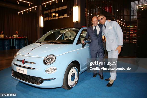 Luca Napolitano and Lapo Elkann attend HAPPY BIRTHDAY FIAT 500 Event in Milan on July 4, 2018 in Milan, Italy.