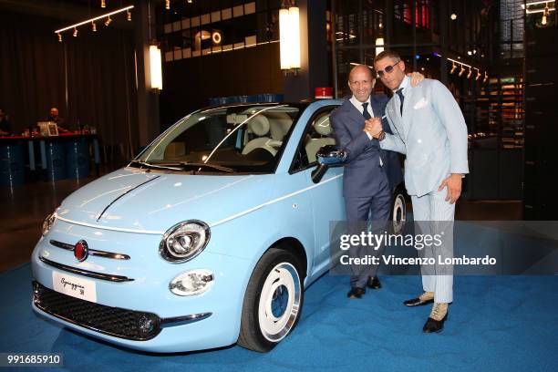 Luca Napolitano and Lapo Elkann attend HAPPY BIRTHDAY FIAT 500 Event in Milan on July 4, 2018 in Milan, Italy.