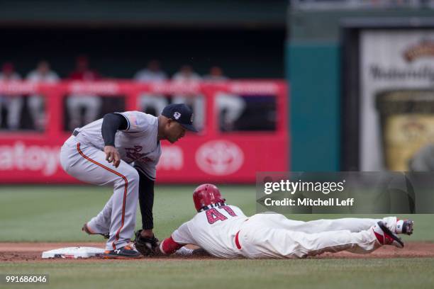 Jonathan Schoop of the Baltimore Orioles tags out Carlos Santana of the Philadelphia Phillies trying to steal second base in the bottom of the second...