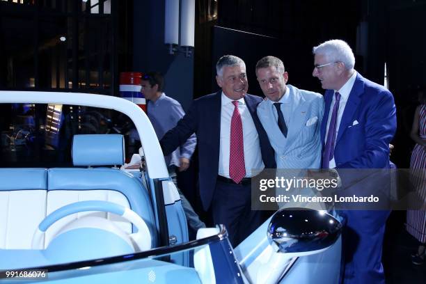 Paolo Pininfarina, Lapo Elkann and a guest attend HAPPY BIRTHDAY FIAT 500 Event in Milan on July 4, 2018 in Milan, Italy.