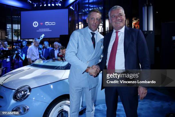 Lapo Elkann and Paolo Pininfarina attends HAPPY BIRTHDAY FIAT 500 Event in Milan on July 4, 2018 in Milan, Italy.