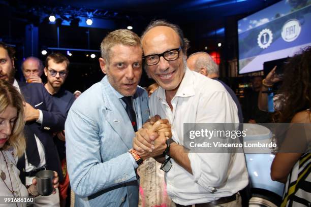 Lapo Elkann and Guido Meda attend HAPPY BIRTHDAY FIAT 500 Event in Milan on July 4, 2018 in Milan, Italy.