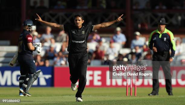 Mohammed Abbas of Leicestershire celebrates taking the wicket of Richard Levi during the Vitality Blast match between Northamptonshire Steelbacks and...
