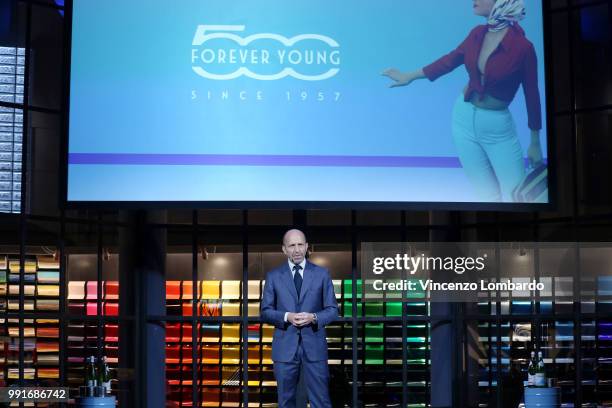 Luca Napolitano speaks on stage during HAPPY BIRTHDAY FIAT 500 Event in Milan on July 4, 2018 in Milan, Italy.