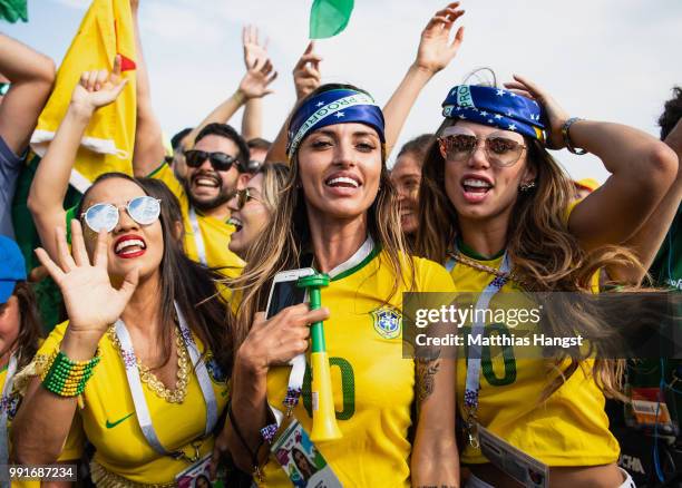 Brazil fans enjoy the pre match atmosphere during the 2018 FIFA World Cup Russia Round of 16 match between Brazil and Mexico at Samara Arena on July...