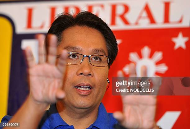 Liberal Party vice presidential candidate Manuel Roxas gestures during a press conference in Quezon City, east of Manila on May 13, 2010. Roxas is...