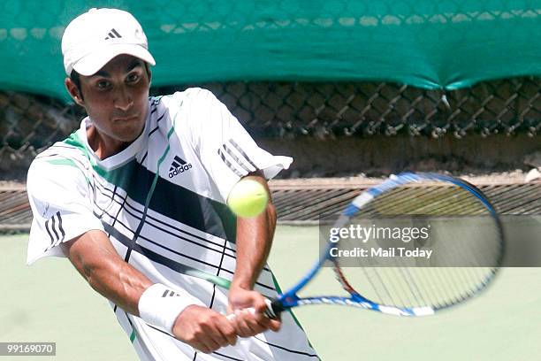 Yuki Bhambri in action at a match against Wan Gao of China at the ITF Futures fifth-leg tournament at the RK Khanna stadium in New Delhi on...