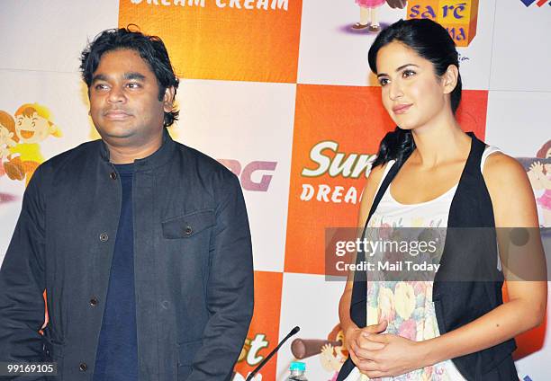 Rahman and Katrina Kaif at the launch of a kids music album in Mumbai on May 12, 2010.