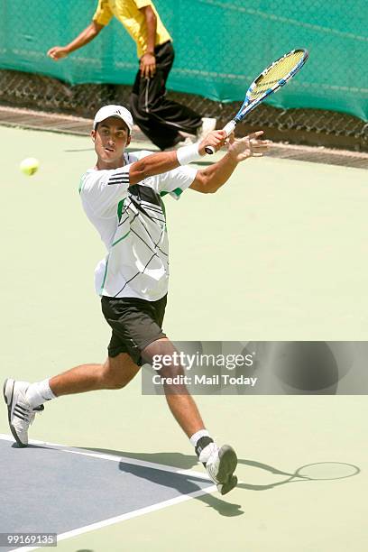 Yuki Bhambri in action at a match against Wan Gao of China at the ITF Futures fifth-leg tournament at the RK Khanna stadium in New Delhi on...