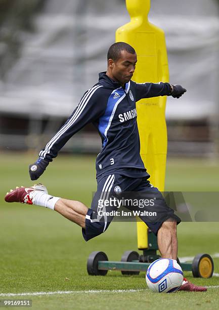 Ashley Cole of Chelsea in action during a training session at the Cobham training ground on May 13, 2010 in Cobham, England.