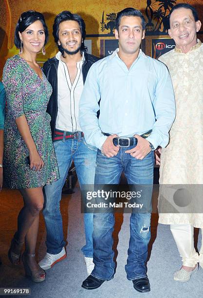 Salman Khan, Ritesh Deshmukh and Lara Dutta during an IIFA press conference in Mumbai on May 12, 2010.