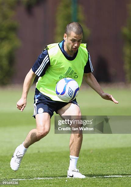 Joe Cole of Chelsea in action during a training session at the Cobham training ground on May 13, 2010 in Cobham, England.