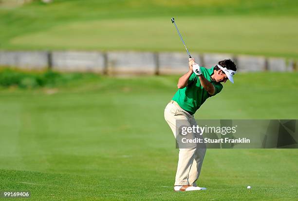 Gonzalo Fernandez - Castano of Spain plays his approach shot 14th hole during the first round of the Open Cala Millor Mallorca at Pula golf club on...