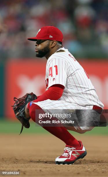 Carlos Santana of the Philadelphia Phillies in action against the Washington Nationals during a game at Citizens Bank Park on June 29, 2018 in...