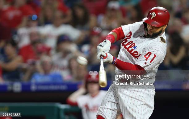 Carlos Santana of the Philadelphia Phillies in action against the Washington Nationals during a game at Citizens Bank Park on June 29, 2018 in...