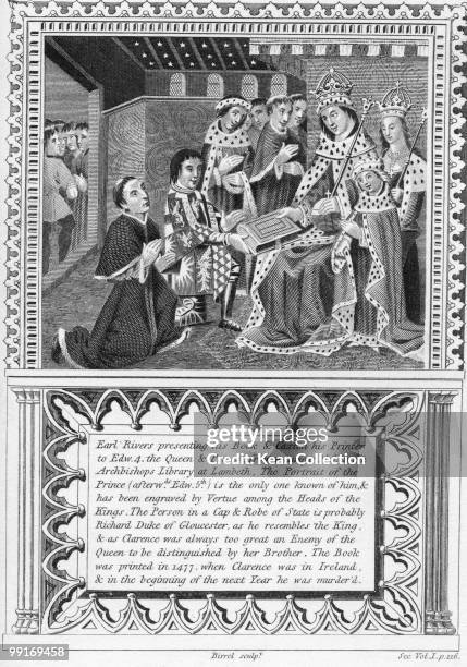 Engraving depicting William Caxton , the first English printer who, in late 1476, set up his wooden press in Westminster, London, producing the first...