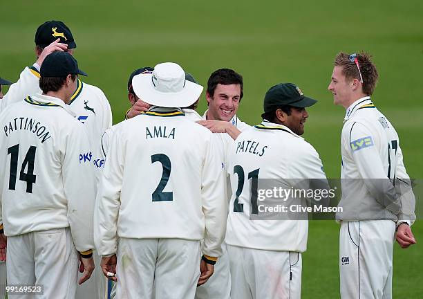 Chris Read and Steven Mullaney of Nottinghamshire celebrate the wicket of Phil Mustard of Durham during day four of the LV County Championship match...