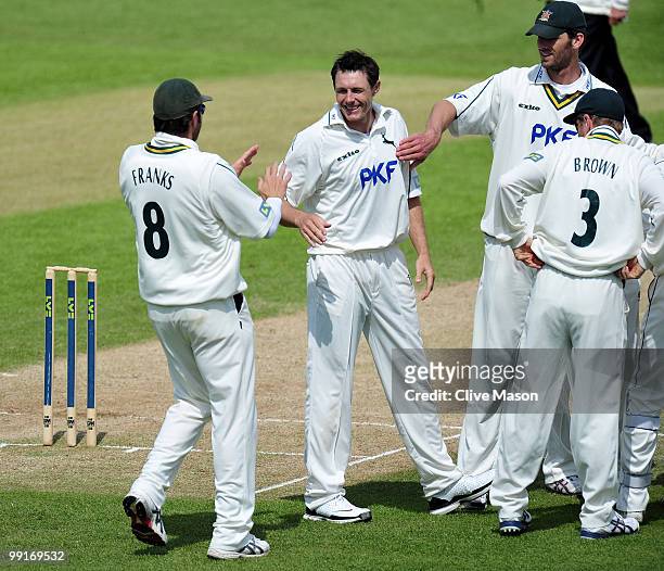 Darren Pattinson of Nottinghamshire celebrates dismissing Chris Rushworth of Durham during day four of the LV County Championship match between...