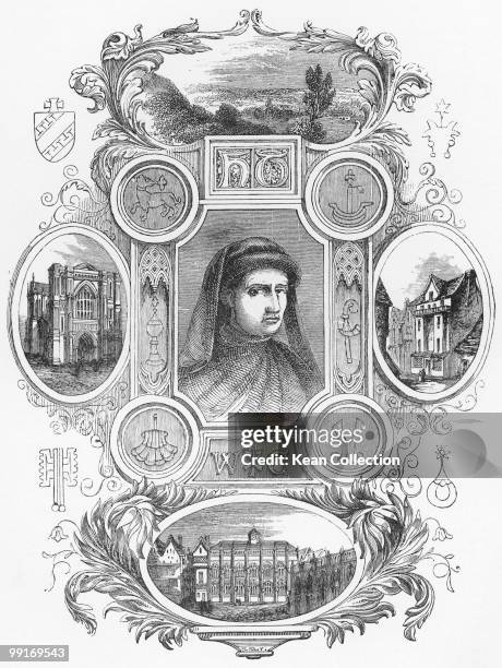 Engraving depicting 'Portrait and Memorials of William Caxton, the first English Printer', Great Britain, circa 1491. In 1476, Caxton , set up his...