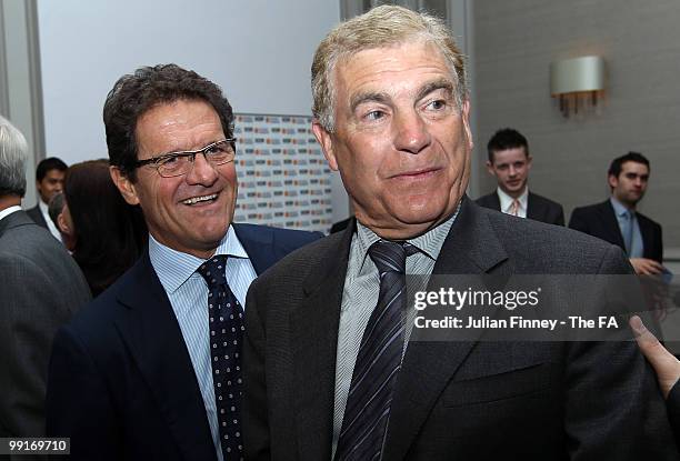 Sir Trevor Brooking with Fabio Capello manager of England at the Grand Connaught Rooms on May 13, 2010 in London, England.