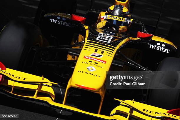 Robert Kubica of Poland and Renault drives during practice for the Monaco Formula One Grand Prix at the Monte Carlo Circuit on May 13, 2010 in Monte...