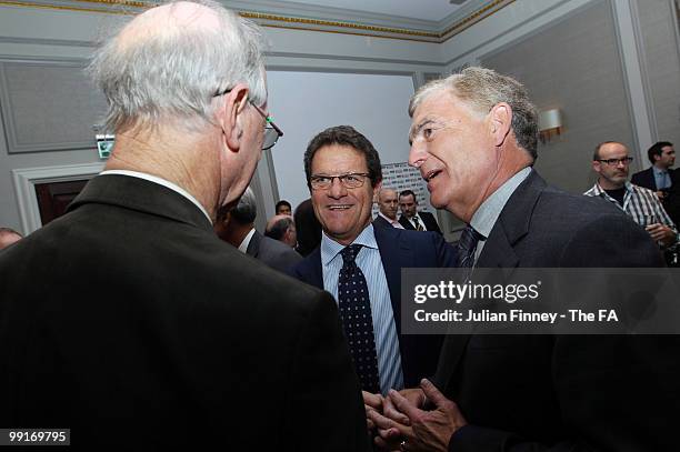 Jack Charlton and Sir Trevor Brooking meet with Fabio Capello manager of England at the Grand Connaught Rooms on May 13, 2010 in London, England.